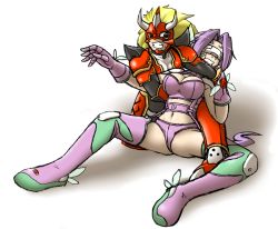 Rule 34 | 00s, 1boy, 1girl, agnimon, armor, blonde hair, boots, breasts, cleavage, clenched teeth, defeat, digimon, digimon frontier, fairimon, gloves, large breasts, navel, pain, purple hair, restrained, sakasa gurasan, tears, teeth, thighs, wrestling
