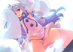 Rule 34 | 1girl, blue hair, blue ribbon, blunt bangs, bow, bow panties, cameltoe, covered erect nipples, detached sleeves, dress, floating hair, from below, hair ornament, hair ribbon, kneeling, kotonoha aoi, lens flare, long hair, looking at viewer, neck ribbon, open mouth, panties, petenshi (dr. vermilion), red eyes, ribbon, solo, straight hair, string panties, sweatdrop, thighhighs, underwear, voiceroid, white thighhighs, wide sleeves