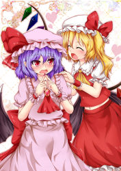 Rule 34 | 2girls, absurdres, argyle, argyle background, argyle clothes, ascot, bat wings, blush, closed eyes, crystal, fang, fingers together, flandre scarlet, hat, hat ribbon, heart, highres, hyoumon (saihokutan), index fingers together, looking at another, midriff, mob cap, multiple girls, nail polish, navel, open mouth, pointy ears, puffy sleeves, red eyes, remilia scarlet, ribbon, sash, shirt, short sleeves, siblings, side ponytail, sisters, skirt, skirt set, smile, touhou, vest, wings, wrist cuffs