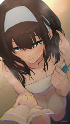 1girl 1other absurdres bare_shoulders black_hair blue_eyes book breasts cleavage foreshortening hair_between_eyes hairband hand_in_another&#039;s_hair highres holding holding_book idolmaster idolmaster_cinderella_girls large_breasts long_hair naked_towel sagisawa_fumika sanpo_(sanpo_1027) towel wet