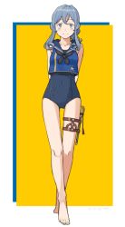 Rule 34 | 1girl, adapted costume, arms behind back, badge, bare legs, barefoot, black neckerchief, blue eyes, blue hair, blue one-piece swimsuit, blue sailor collar, border, breasts, collarbone, dagger, dated, full body, gotland (kancolle), hair between eyes, hair bun, kantai collection, kawashina (momen silicon), knife, long hair, looking at viewer, mole, mole under eye, nail polish, neckerchief, one-piece swimsuit, sailor collar, single hair bun, small breasts, smile, solo, standing, swimsuit, swimsuit under clothes, thigh strap, toenail polish, toenails, weapon, white border, yellow background
