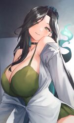 Rule 34 | 1girl, absurdres, algorhythm project, black hair, breasts, commentary, dress, english commentary, evalia (algorhythm project), green dress, green eyes, highres, large breasts, multicolored hair, open clothes, open shirt, shirt, smile, solo, umamii, virtual youtuber, white shirt