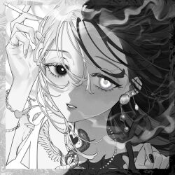 Rule 34 | 1girl, aburage (motimotigg20), angel and devil, angel wings, black vs white, bracelet, cigarette, demon wings, earrings, floating hair, greyscale, half-closed eyes, highres, holding, holding cigarette, jewelry, long hair, looking to the side, mismatched pupils, monochrome, multicolored hair, nail polish, neck tattoo, necklace, original, parted lips, portrait, ribbon, ring, sleeveless, smoke, smoking, solo, split-color hair, split theme, tattoo, wind, wings