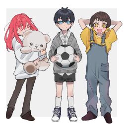 Rule 34 | 3boys, aged down, arms behind head, bachira meguru, ball, black hair, black pants, black shorts, blonde hair, blue eyes, blue lock, blush, border, brown hair, cardigan, chigiri hyoma, child, closed mouth, collared shirt, commentary request, fang, full body, grey background, grey cardigan, hair between eyes, holding, holding ball, holding stuffed toy, hood, hoodie, isagi yoichi, l2blq1, long hair, long sleeves, looking at viewer, male focus, multicolored hair, multiple boys, open mouth, outside border, overalls, pants, red eyes, red hair, shirt, shoes, short hair, short sleeves, shorts, simple background, smile, sneakers, soccer ball, socks, standing, stuffed animal, stuffed toy, teddy bear, two-tone hair, white border, white hoodie, white shirt, white socks, yellow eyes, yellow shirt
