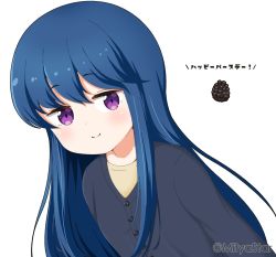 Rule 34 | 1girl, black jacket, blue hair, blush, brown shirt, closed mouth, commentary request, hair between eyes, hair down, jacket, long hair, looking at viewer, mitya, pinecone, purple eyes, shima rin, shirt, simple background, smile, solo, translation request, twitter username, upper body, very long hair, white background, yurucamp