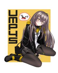 Rule 34 | 1girl, bag, black bag, black footwear, black gloves, black jacket, black pantyhose, black skirt, blush, boots, brown eyes, brown hair, character name, closed mouth, girls&#039; frontline, gloves, hair ornament, hairclip, hand on floor, holding, holding bag, jacket, long hair, looking at viewer, on floor, open clothes, open jacket, paaam, pantyhose, partially fingerless gloves, scar, scar across eye, scar on face, shirt, side ponytail, simple background, skirt, solo, ump45 (girls&#039; frontline), white shirt