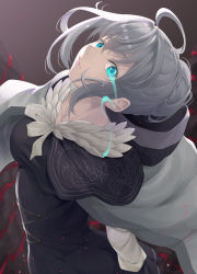 Rule 34 | 1girl, absurdres, ahoge, blood, blue eyes, bow, braid, breasts, cape, cloak, commentary request, dress, fate/grand order, fate (series), french braid, fur trim, glowing, glowing eye, gray (fate), grey hair, hair between eyes, highres, hood, hood down, hooded, hooded cape, hooded cloak, lips, looking at viewer, lord el-melloi ii case files, medium breasts, mukunokino isshiki, parted lips, short hair, solo, white bow