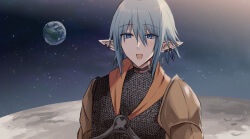 Rule 34 | 1boy, :d, armor, blue eyes, blue hair, blush, chainmail, ear piercing, earth (planet), final fantasy, final fantasy xiv, hair between eyes, haurchefant greystone, highres, kinona, looking at viewer, male focus, moon, open mouth, pauldrons, piercing, planet, pointy ears, shoulder armor, smile, solo, space, star (sky), upper body