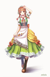 Rule 34 | 1girl, :o, ahoge, apron, artist name, blunt bangs, bodice, boots, bow, braid, brown eyes, brown hair, cross-laced footwear, dirndl, dress, frills, full body, german clothes, green skirt, hair over shoulder, hand on own head, head scarf, highres, lace, lace-trimmed skirt, lace trim, laces, long hair, looking at viewer, neck ribbon, orange bow, orange ribbon, original, puffy short sleeves, puffy sleeves, pululu, ribbon, short sleeves, simple background, skirt, solo, traditional clothes, twin braids, waist apron, white background