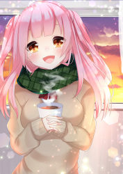 Rule 34 | 1girl, :d, blush, bow, brown eyes, brown sweater, cloud, coffee, commentary request, cup, curtains, disposable cup, dress shirt, green scarf, head tilt, highres, indoors, interlocked fingers, long hair, long sleeves, misaki (misaki86), open mouth, original, pink hair, plaid, plaid scarf, red bow, scarf, school uniform, shirt, sky, sleeves past wrists, smile, solo, steam, sunset, sweater, transparent, two side up, upper body, white shirt, window