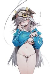 Rule 34 | 1girl, animal ears, animal print, bikini, blue eyes, blush, breasts, bukurote, cleavage, clothes lift, cow ears, cow horns, cow print, crying, crying with eyes open, flying sweatdrops, gluteal fold, grey hair, hair between eyes, highres, hood, hood down, hoodie, hoodie lift, horns, lactation, lactation through clothes, large breasts, lifting own clothes, long hair, long sleeves, mask, mask on head, original, parted lips, simple background, sleep mask, solo, swimsuit, tears, very long hair, white background