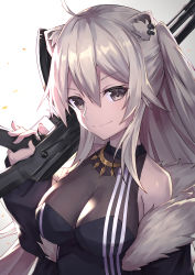 Rule 34 | 1girl, absurdres, ak-47, animal ear fluff, animal ears, assault rifle, bare shoulders, black jacket, black shirt, breasts, brown eyes, cleavage, closed mouth, commentary request, ear piercing, fur-trimmed jacket, fur trim, gradient background, grey background, grey hair, gun, hair between eyes, hand up, highres, holding, holding gun, holding weapon, hololive, jacket, kalashnikov rifle, lion ears, long hair, long sleeves, looking at viewer, masaki (msk064), medium breasts, off shoulder, open clothes, open jacket, piercing, puffy long sleeves, puffy sleeves, rifle, see-through, see-through cleavage, shirt, shishiro botan, shishiro botan (1st costume), sleeveless, sleeveless shirt, sleeves past wrists, smile, solo, two side up, upper body, virtual youtuber, weapon, white background