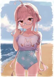 Rule 34 | 1girl, ahoge, aqua one-piece swimsuit, beach, blue-framed eyewear, closed mouth, collarbone, cowboy shot, day, double bun, glasses, hair bun, kantai collection, long hair, looking at viewer, makigumo (kancolle), no pants, ocean, one-piece swimsuit, pink hair, semi-rimless eyewear, solo, someno haru, swimsuit, swimsuit under clothes, twitter username, yellow eyes