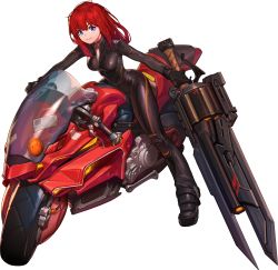 Rule 34 | 1girl, absurdres, biker clothes, bikesuit, black gloves, blue eyes, bodysuit, breasts, collar, game cg, gloves, guardian tales, gun, highres, holding, holding weapon, large breasts, long hair, looking at viewer, motor vehicle, motorcycle, movie star eugene, official art, red hair, skin tight, smile, solo, sword, transparent background, weapon, zipper