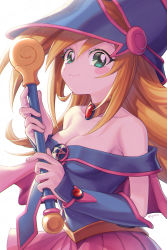 Rule 34 | 1girl, bare shoulders, blonde hair, blush stickers, breasts, cleavage, closed mouth, collarbone, commentary, dark magician girl, detached collar, detached sleeves, duel monster, eyelashes, green eyes, hat, holding, holding wand, koma yoichi, long hair, pleated skirt, purple skirt, skirt, smile, solo, wand, yu-gi-oh!