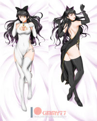 Rule 34 | 1girl, ass, backless dress, backless outfit, bed sheet, black bow, black dress, black gloves, black hair, black thighhighs, blake belladonna, bow, breasts, china dress, chinese clothes, cleavage cutout, clothing cutout, covered navel, dakimakura (medium), dress, elbow gloves, floating hair, from above, gloves, gradient hair, hair bow, highleg, highleg dress, highres, kimmy77, long hair, looking at viewer, lying, medium breasts, multicolored hair, multiple views, on back, open mouth, patreon logo, paw pose, purple hair, rwby, shiny skin, sleeveless, sleeveless dress, thighhighs, tongue, tongue out, two-tone hair, very long hair, watermark, white dress, white gloves, white thighhighs, yellow eyes