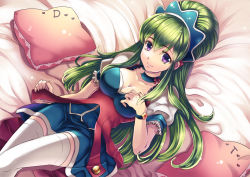 Rule 34 | 1boy, breasts, cleavage, green hair, hairband, hand on own chest, hikari no, ixion saga, long hair, looking at viewer, lying, male focus, mariandale, pillow, purple eyes, smile, solo, thighhighs, trap, very long hair, white thighhighs