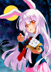 Rule 34 | 1girl, animal ears, arms up, bad id, bad pixiv id, bamboo, blue jacket, dango, food, full moon, hair between eyes, head tilt, holding, holding food, jacket, long hair, looking at viewer, marker (medium), moon, necktie, night, night sky, outdoors, outstretched arm, pink skirt, purple hair, qqqrinkappp, rabbit ears, rabbit girl, rabbit tail, red eyes, red necktie, reisen udongein inaba, skirt, sky, solo, standing, suit jacket, susuki grass, tail, touhou, traditional media, tsukimi dango, upper body, very long hair, wagashi