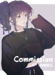 Rule 34 | 1girl, black pants, black sweater, commission, earrings, fingernails, hand up, highres, jewelry, long sleeves, nail polish, necklace, one side up, original, pants, parted lips, purple eyes, purple nails, ring, ring necklace, sankomichi, sleeves past fingers, sleeves past wrists, solo, standing, star tattoo, sweater, tattoo