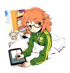 Rule 34 | 1girl, :&lt;, araki hina, arm rest, bedroom, black-framed eyewear, blending, bookshelf, brown eyes, cable, cellphone, closed mouth, commentary request, dated commentary, dot nose, drawing tablet, expressionless, from above, glasses, green jacket, half-closed eyes, high collar, highres, holding, holding stylus, idolmaster, idolmaster cinderella girls, indoors, iwashi iwashimo, jacket, long hair, long sleeves, looking at viewer, looking to the side, on bed, orange hair, outside border, phone, pillow, print jacket, semi-rimless eyewear, sitting, smartphone, solo, stuffed animal, stuffed bird, stuffed toy, stylus, track jacket, under-rim eyewear, under covers, unkempt, upper body, white background, zipper, zipper pull tab