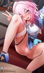 Rule 34 | 1girl, :d, absurdres, beerneko, blue eyes, blue skirt, blush, boots, cameltoe, cleft of venus, collarbone, dutch angle, feet out of frame, hair between eyes, halter shirt, halterneck, hand up, highres, honkai: star rail, honkai (series), indoors, legs apart, long hair, long sleeves, looking at viewer, march 7th (honkai: star rail), miniskirt, one eye closed, open mouth, outstretched arm, panties, pink eyes, pink hair, pleated skirt, pom-pom (honkai: star rail), see-through, see-through panties, selfie, shirt, sidelocks, skirt, smile, solo focus, table, teeth, thigh strap, two-tone eyes, underwear, upper teeth only, v, watermark, white panties, white shirt