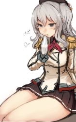 Rule 34 | 1girl, beret, black skirt, blue eyes, blush, breasts, epaulettes, frilled sleeves, frills, gloves, hand to own mouth, hat, jacket, kantai collection, kashima (kancolle), kerchief, large breasts, long sleeves, military, military uniform, miniskirt, parted lips, pleated skirt, sidelocks, silver hair, sitting, skirt, solo, thighs, twintails, uniform, utopia, wavy hair, white gloves, white jacket