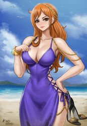 Rule 34 | 1girl, alternate costume, beach, beads, breasts, cleavage, dress, high heels, highres, jewelry, kyopink, large breasts, log pose, long hair, nami (one piece), nami (one piece) (post-timeskip), nami (one piece) (zou), official alternate costume, one piece, orange eyes, orange hair, revealing clothes, shoes, short dress, solo, stiletto heels, strappy heels, straw hat pirates, very long hair, wide hips