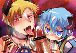 Rule 34 | 3boys, arch bishop (ragnarok online), blonde hair, blue eyes, blue hair, blush, bukkake, censored, coat, commentary request, cooperative fellatio, cum, emon-yu, face, facial, fellatio, gauntlets, hair between eyes, heart, heart-shaped pupils, horns, jewelry, licking, licking penis, looking at viewer, male focus, multiple boys, necklace, open mouth, oral, penis, ragnarok online, red eyes, short hair, sura (ragnarok online), symbol-shaped pupils, tongue, tongue out, white coat, yaoi