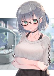 Rule 34 | 1girl, :t, ahoge, aqua eyes, bespectacled, black-framed eyewear, black choker, black skirt, blue ribbon, blurry, blurry background, blush, bokeh, braid, breast hold, breasts, choker, cleavage, closed mouth, collarbone, commentary, cowboy shot, crossed arms, day, depth of field, french braid, glaring, glasses, grey sweater, hair ribbon, highres, hololive, large breasts, looking at viewer, outdoors, plaid, plaid skirt, pout, purin a la mode (popup), ribbed sweater, ribbon, semi-rimless eyewear, shirogane noel, shirogane noel (casual), short hair, silver hair, skirt, snowflake choker, solo, striped ribbon, sweater, tsurime, virtual youtuber