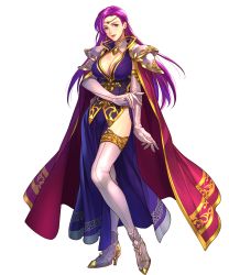 Rule 34 | 1girl, armor, boots, breasts, brunnya (fire emblem), cape, circlet, cleavage, earrings, elbow gloves, female focus, fire emblem, fire emblem: the binding blade, fire emblem heroes, full body, gloves, high heel boots, high heels, highres, jewelry, large breasts, lipstick, long hair, makeup, matching hair/eyes, nintendo, official art, parted bangs, pauldrons, purple eyes, purple hair, shoulder armor, side slit, solo, thigh boots, thighhighs, thighs, transparent background, white gloves, white thighhighs, yoneko okome99