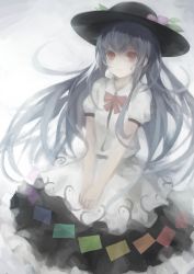 Rule 34 | 1girl, apron, backlighting, black skirt, blue hair, collared shirt, cowboy shot, food, fruit, gyup91, hand on lap, hat, highres, hinanawi tenshi, long hair, long skirt, looking at viewer, muted color, pale color, peach, rainbow order, red eyes, shirt, short sleeves, skirt, smile, solo, touhou, v arms, very long hair, white shirt