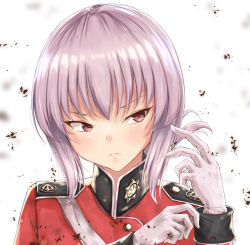 Rule 34 | 1girl, akamin, blurry, brown eyes, closed mouth, depth of field, fate/grand order, fate (series), florence nightingale (fate), frown, gloves, head tilt, light purple hair, long sleeves, looking away, solo, upper body, v-shaped eyebrows, white background, white gloves