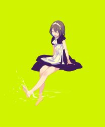 Rule 34 | 1girl, apron, arm support, ascot, backlighting, bare legs, barefoot, black dress, black hair, bob cut, closed eyes, dot nose, dress, facing viewer, frilled hairband, frills, from side, full body, green background, hairband, invisible chair, leg up, limited palette, maeya susumu, maid headdress, open mouth, original, pleated dress, puffy short sleeves, puffy sleeves, ribbon, short dress, short hair, short sleeves, signature, simple background, sitting, smile, soaking feet, soles, solo, splashing, swept bangs, u u, water, water drop, white apron, white ascot, white hairband, white ribbon