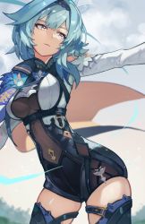 Rule 34 | 1girl, absurdres, black gloves, black hairband, black leotard, black thighhighs, blue cape, blue hair, blue necktie, blush, breasts, cape, eula (genshin impact), genshin impact, gloves, hair ornament, hairband, highres, large breasts, leotard, long sleeves, looking to the side, medium hair, necktie, purple eyes, shizu (shizuillust), sidelocks, smile, solo, thighhighs, thighs