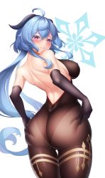Rule 34 | 1girl, absurdres, ahoge, ass, ass grab, bare shoulders, blue hair, blush, bodysuit, breasts, deep skin, elbow gloves, from behind, ganyu (genshin impact), genshin impact, ggs, gloves, goat horns, highres, horns, huge ass, large breasts, leotard, long hair, looking down, naughty face, pantyhose, purple eyes, shiny clothes, shiny skin, sideboob, smile, solo, very long hair