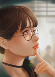Rule 34 | 1girl, artist name, black-framed eyewear, black choker, blunt bangs, blurry, blurry background, brown hair, choker, closed mouth, finger to mouth, from side, hair over shoulder, lips, long hair, looking away, low ponytail, magion02, original, ponytail, portrait, purple eyes, round eyewear, silhouette, solo focus, thinking, upper body