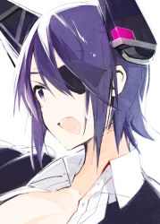 Rule 34 | 10s, 1girl, eyepatch, fuji-yama, headgear, kantai collection, open mouth, purple eyes, purple hair, short hair, simple background, sketch, solo, tenryuu (kancolle), white background