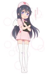 Rule 34 | 1girl, black hair, blush, clipboard, commentary request, dress, full body, hair between eyes, hat, heart, hugging object, jigatei (omijin), legs together, long hair, looking at viewer, mini wings, no shoes, nurse, nurse cap, open mouth, pink dress, pink hat, puffy short sleeves, puffy sleeves, purple eyes, shirosaki hana, short sleeves, solo, standing, thighhighs, translation request, very long hair, watashi ni tenshi ga maiorita!, white background, white thighhighs, white wings, wings