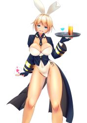 Rule 34 | ace (playing card), ace of hearts, animal ears, azur lane, blonde hair, blue coat, blue eyes, breasts, california (azur lane), cleavage, coat, covered navel, dark skin, detached collar, drink, fake animal ears, fingerless gloves, gloves, heart, highres, holding, holding tray, large breasts, leotard, long coat, necktie, playboy bunny, playing card, rabbit ears, short hair, solo, strapless, strapless leotard, tako-san wiener (takosanuma), tan, tray, white background