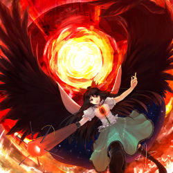 Rule 34 | 1girl, brown hair, cape, fire, highres, long hair, open mouth, outstretched arms, pyrokinesis, red eyes, reiuji utsuho, smile, solo, sun, touhou, very long hair, wings, woven (arutemisut)