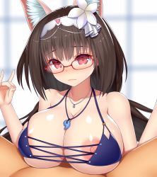 Rule 34 | 1boy, 1girl, animal ears, areola slip, asamura hiori, bare arms, bare shoulders, bikini, blue bikini, blurry, blurry background, blush, breasts, brown hair, cleavage, closed mouth, collarbone, commentary request, depth of field, embarrassed, fate/grand order, fate (series), fingernails, flower, fox ears, fox shadow puppet, glasses, hair between eyes, hair flower, hair ornament, hairband, hands up, head tilt, heart, hetero, highres, jewelry, large breasts, long hair, looking at viewer, magatama, magatama necklace, necklace, nipple slip, nipples, nose blush, osakabehime (fate), osakabehime (foxy lady) (fate), out of frame, paizuri, penis, red-framed eyewear, red eyes, shiny skin, skindentation, solo focus, string bikini, swimsuit, uncensored, upper body, white flower, white hairband