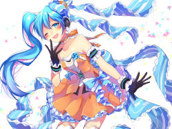 Rule 34 | 1girl, aqua eyes, aqua hair, bad id, bad pixiv id, black gloves, dress, gloves, hatsune miku, highres, hitotoce, kaname monika, long hair, one eye closed, open mouth, orange dress, side ponytail, solo, strapless, strapless dress, thighhighs, twintails, very long hair, vocaloid, white background