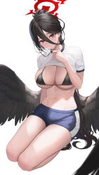 Rule 34 | 1girl, abab xiaxia, absurdres, bikini, bikini under clothes, black bikini, black hair, black wings, blue archive, blue shorts, breasts, cleavage, clothes lift, feathered wings, gym uniform, hair between eyes, halo, hasumi (blue archive), hasumi (track) (blue archive), highres, holding, large breasts, lifted by self, long hair, looking at viewer, low wings, mole, mole under eye, navel, official alternate costume, parted lips, ponytail, red eyes, seiza, shirt lift, short shorts, short sleeves, shorts, simple background, sitting, solo, stomach, string bikini, swimsuit, thighs, very long hair, white background, wings