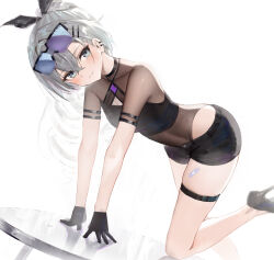 Rule 34 | 1girl, absurdres, alternate costume, arm strap, bare legs, black footwear, black gloves, black ribbon, black shorts, blush, breasts, cleavage, commentary request, eyewear on head, gloves, hair ornament, hair ribbon, hairclip, hidulume, high heels, highres, honkai: star rail, honkai (series), looking at viewer, ponytail, ribbon, short shorts, short sleeves, shorts, silver wolf (honkai: star rail), simple background, small breasts, smile, solo, sunglasses, thigh strap, thighs, white background