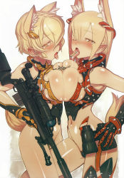 Rule 34 | 2girls, absurdres, ammunition, animal ears, artist name, between breasts, binoculars, blonde hair, blush, body blush, bolt action, breast press, breasts, bullet, dated, earrings, full-face blush, gloves, gun, hair between eyes, headgear, highres, jewelry, large breasts, long hair, looking at viewer, multiple girls, navel, one eye closed, pointy ears, remington model 700, rifle, rondo bell, saliva, saliva trail, scan, sexually suggestive, shiny skin, short hair, sniper rifle, symmetrical docking, tail, tears, thighhighs, tongue, tongue out, weapon, wink, yellow eyes
