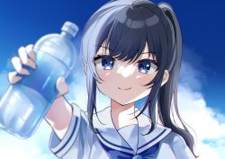 Rule 34 | &gt;:), 1girl, black hair, blue eyes, blue sky, blurry, blurry foreground, blush, bottle, closed mouth, cloud, cloudy sky, commentary request, day, depth of field, hair between eyes, holding, holding bottle, long hair, minami saki, original, outdoors, ponytail, sailor collar, school uniform, serafuku, shirt, short sleeves, sidelocks, sky, smile, solo, v-shaped eyebrows, water bottle, white sailor collar, white shirt