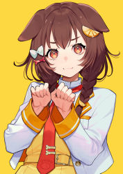Rule 34 | 1girl, :3, absurdres, animal ears, bone hair ornament, bow, braid, brown hair, buckle, closed mouth, cropped jacket, dog ears, food-themed hair ornament, hair bow, hair ornament, highres, hololive, inugami korone, jacket, long hair, long sleeves, looking at viewer, necktie, open clothes, open jacket, orange hair ornament, paw pose, red eyes, red necktie, simple background, solo, twin braids, unbuttoned, upper body, v-shaped eyebrows, virtual youtuber, white bow, white jacket, yellow background, yuu (higashi no penguin)