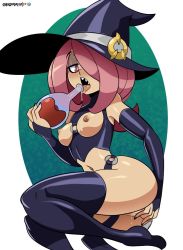 Rule 34 | 1girl, bigdead, boots, breasts, cleft of venus, hair over one eye, hat, high heel boots, high heels, little witch academia, nipples, pink hair, pussy, sharp teeth, sucy manbavaran, teeth, thigh boots, thighhighs, witch hat