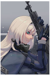 Rule 34 | 1girl, an-94, an-94 (girls&#039; frontline), aqua eyes, assault rifle, blonde hair, blue cloak, blue gloves, blue jacket, cloak, closed mouth, girls&#039; frontline, gloves, grey background, gun, hairband, highres, holding, holding weapon, jacket, long hair, looking down, mask, mask around neck, mo geng, rifle, snowflakes, solo, weapon