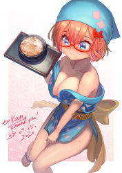 Rule 34 | 1girl, alternate costume, bare shoulders, blue eyes, blush, bokutachi wa benkyou ga dekinai, bow, breasts, clothes down, collarbone, embarrassed, food, glasses, hair bow, highres, japanese clothes, large breasts, nami (one piece), noodles, ogata rizu, one piece, orange hair, plate, red bow, sakumichi, sandals, short hair, solo, thighs, tray, udon